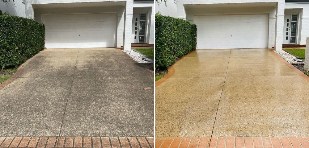 Concrete driveway before and after pressure washing by HFX Home Services